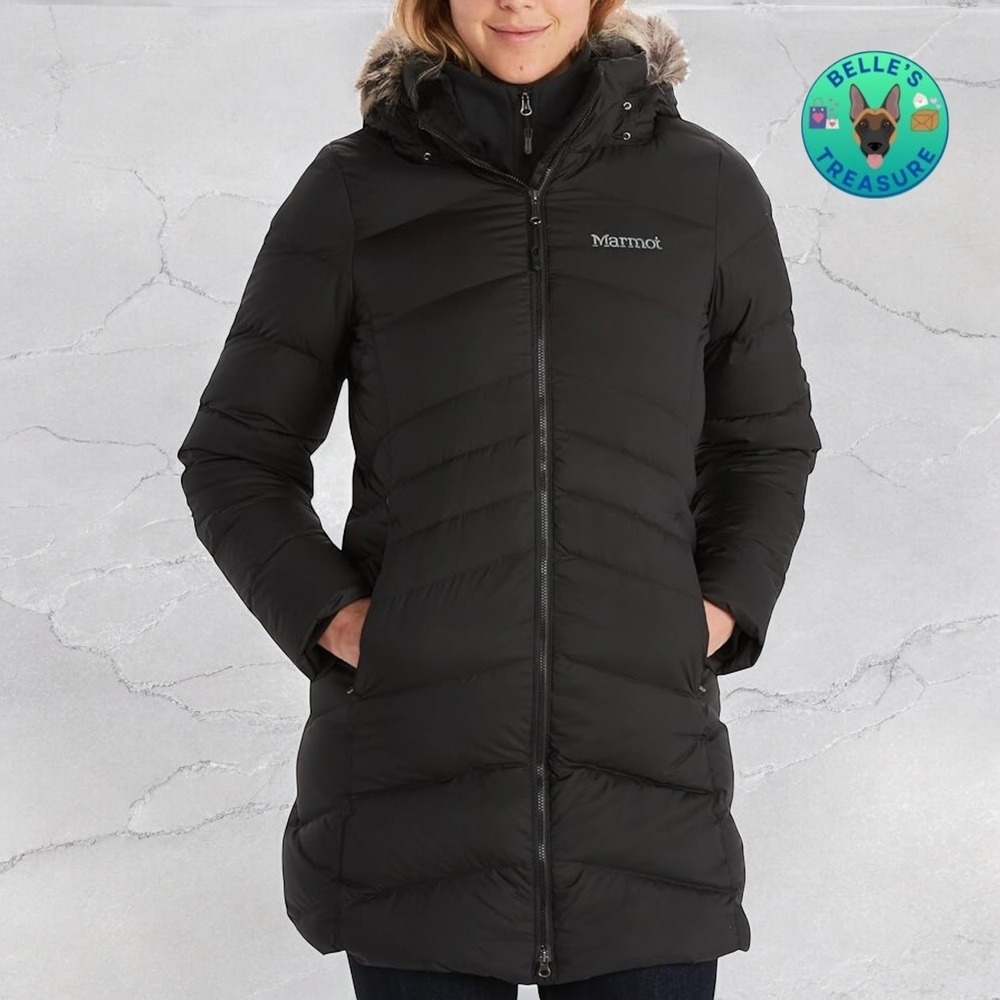 Marmot Montreal Puffer Parka Womens Small Black 700 Fill Down Faux Fur Hood Coat